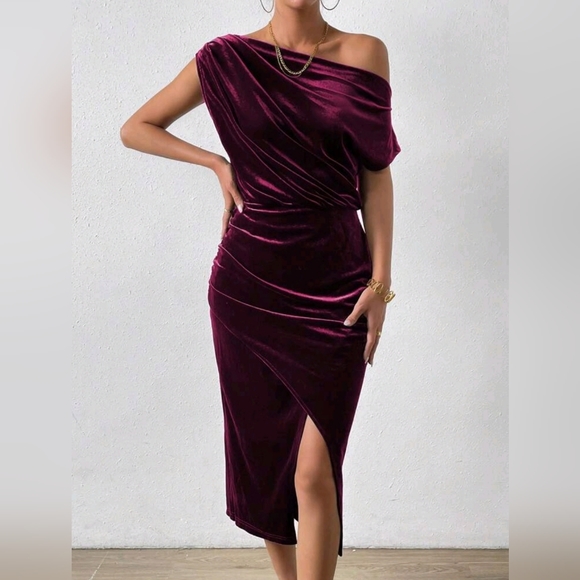 New Luxe Velvet Ruched Asymmetrical Neck Midi Dress Burgundy Red Wine - Picture 2 of 8